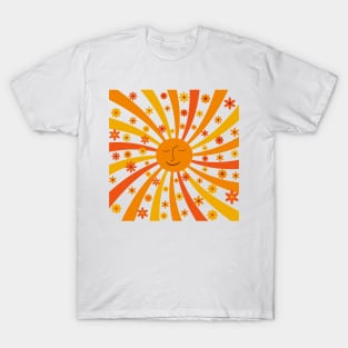 Retro Groovy Happy Sunshine with Hippie Flowers T-Shirt